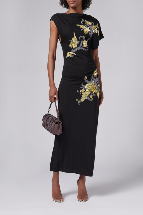 Black Asymetric  Embroidery Midi Dress