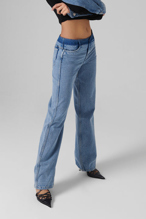 Blue Deconstructed Straight Leg Jeans