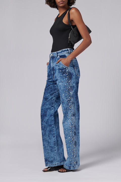 Blue Pearls Embellished Cargo Jeans