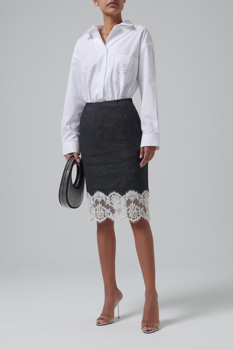 Grey Lace Hemline Midi Skirt