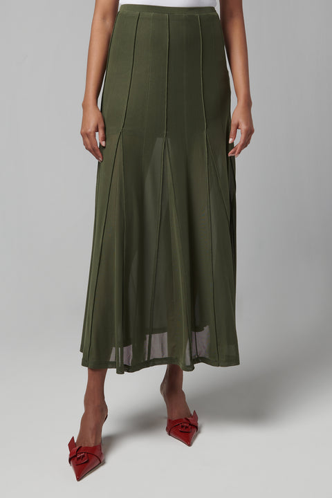 Green Pleated Mesh Midi Skirt