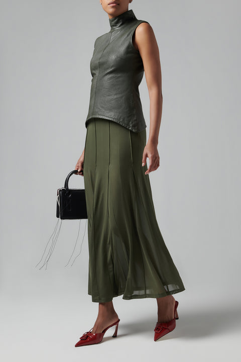 Green Pleated Mesh Midi Skirt