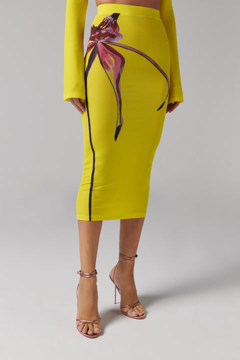 Yellow Ribbed Midi Skirt