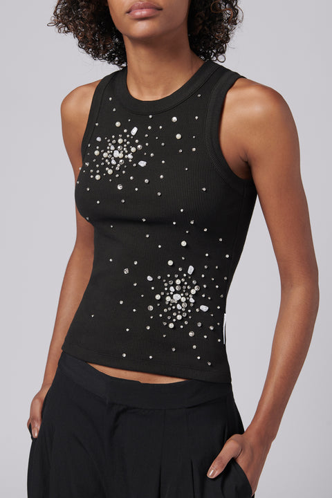 Black Crystals And Pearls Embellished Tank Top