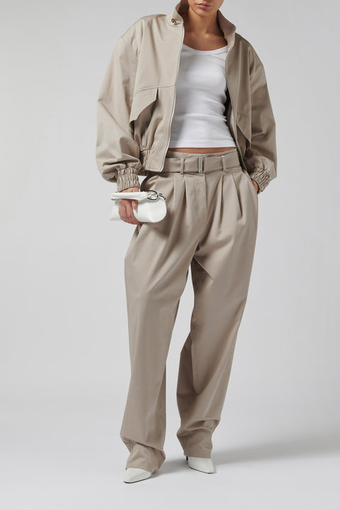 Beige Belted Pleated Pants