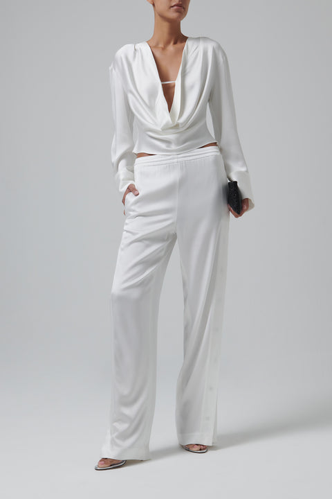 White Side Button Satin Pants