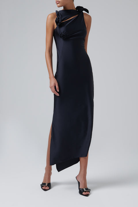 Black Asymmetric Flower Gown