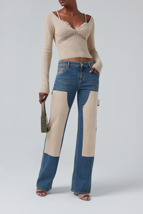 Beige Lace Detail V-Neck Sweater
