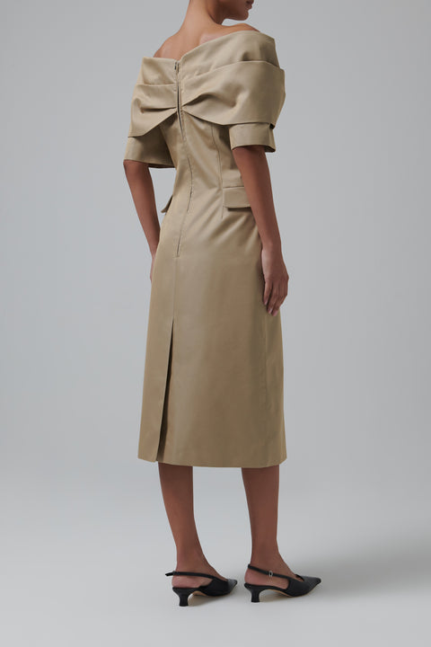Khaki Bow Off-Shoulder Midi Dress