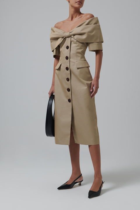 Khaki Bow Off-Shoulder Midi Dress