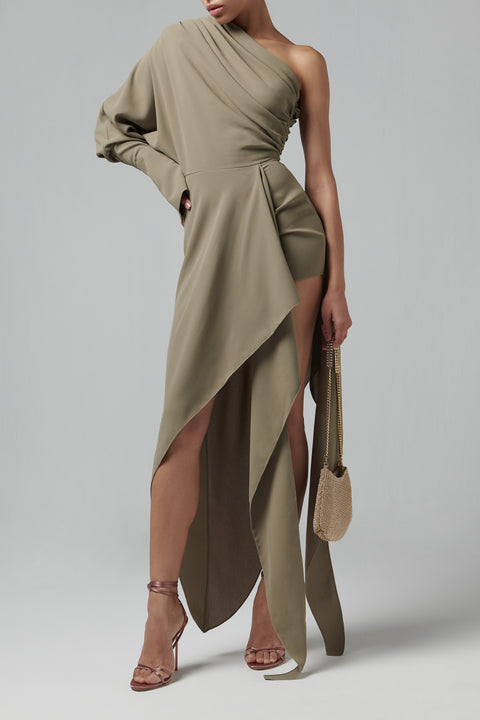 Khaki Asymmetric Midi Dress