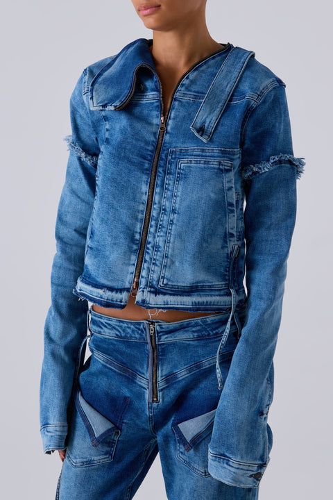 Blue Drape Collar Denim Jacket