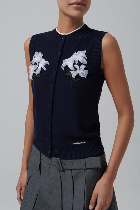 Blue Ribbon-Stitch Sleeveless Cardigan