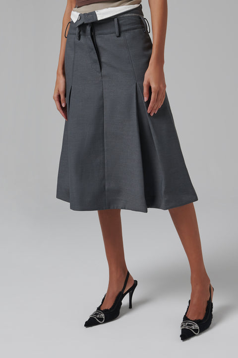 Grey Fold-Over Midi Skirt