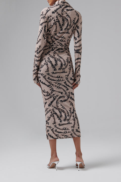 Beige Monogram Long Sleeve Dress