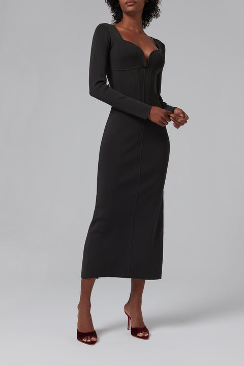 Black Jerica Pintuck Details Midi Dress