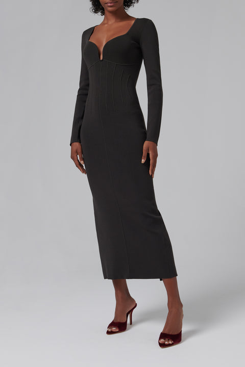 Black Jerica Pintuck Details Midi Dress