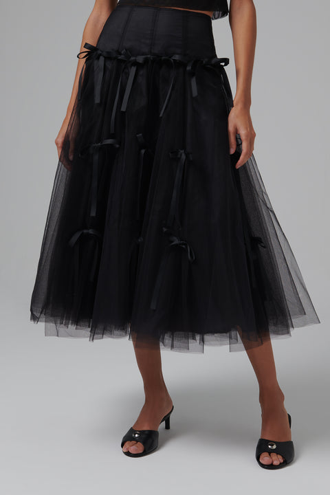 Black Bowknot Tulle Midi Skirt