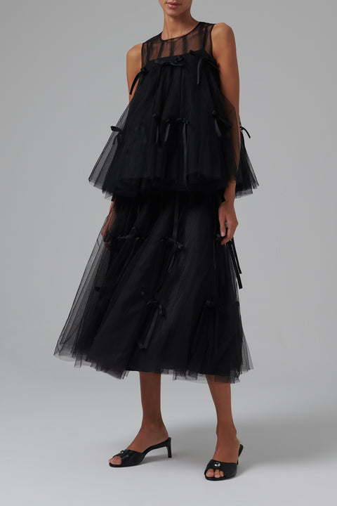 Black Bowknot Tulle Midi Skirt