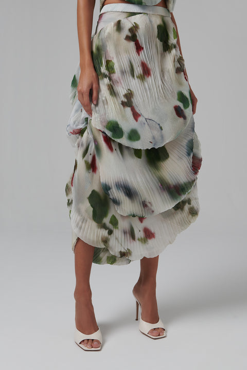Multicoloured Rose Print Pleated Midi Skirt
