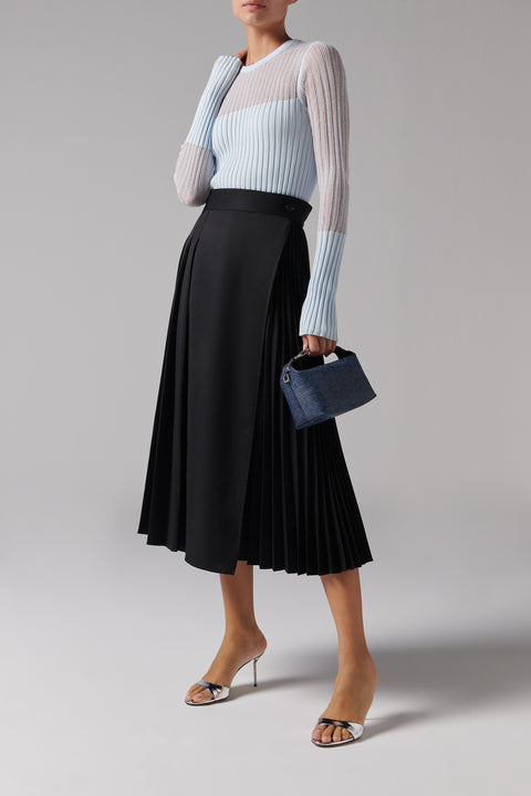 Black Pleated Wrap Midi Skirt