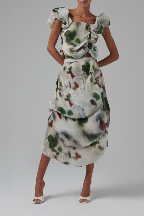 Multicoloured Rose Print Pleated Top