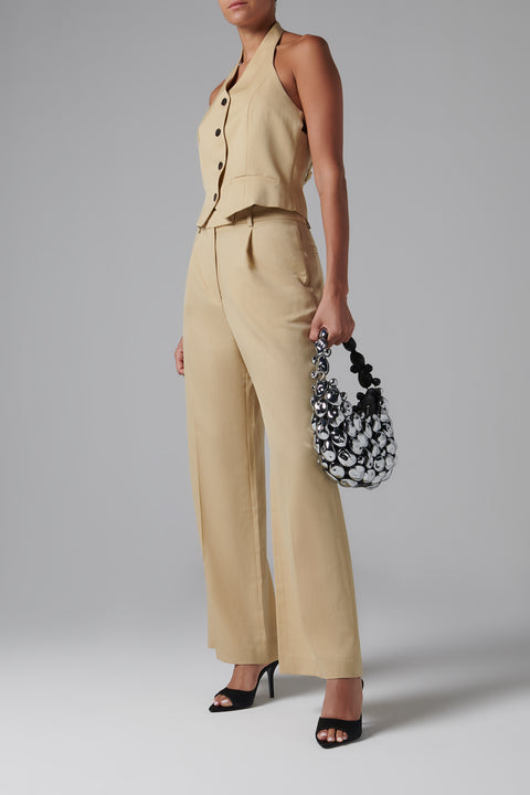 Beige Wool Wide-Leg Pants
