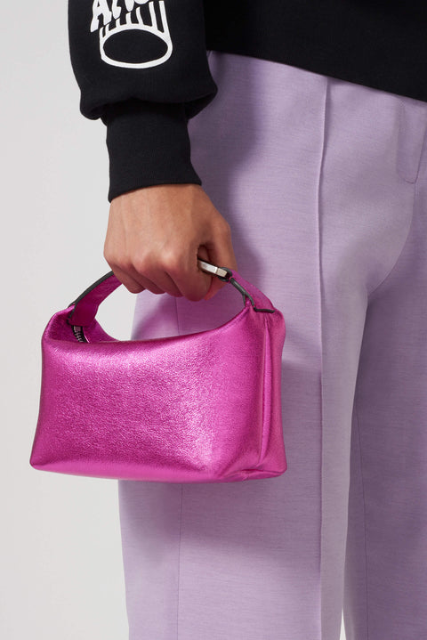 Pink Laminated Leather Top Handle Mini Moon Bag