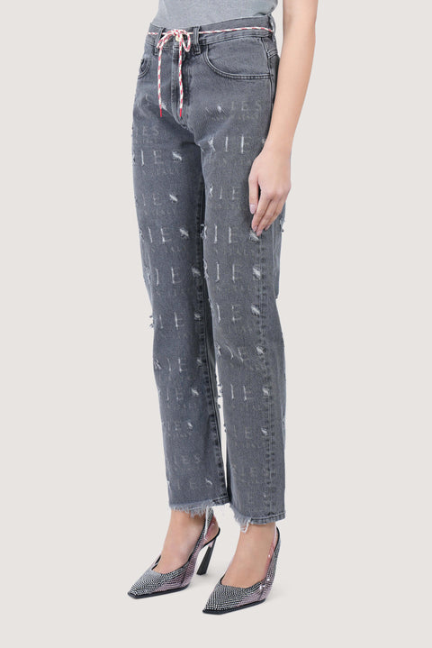 Destroyed Logo Printed Batten Jeans