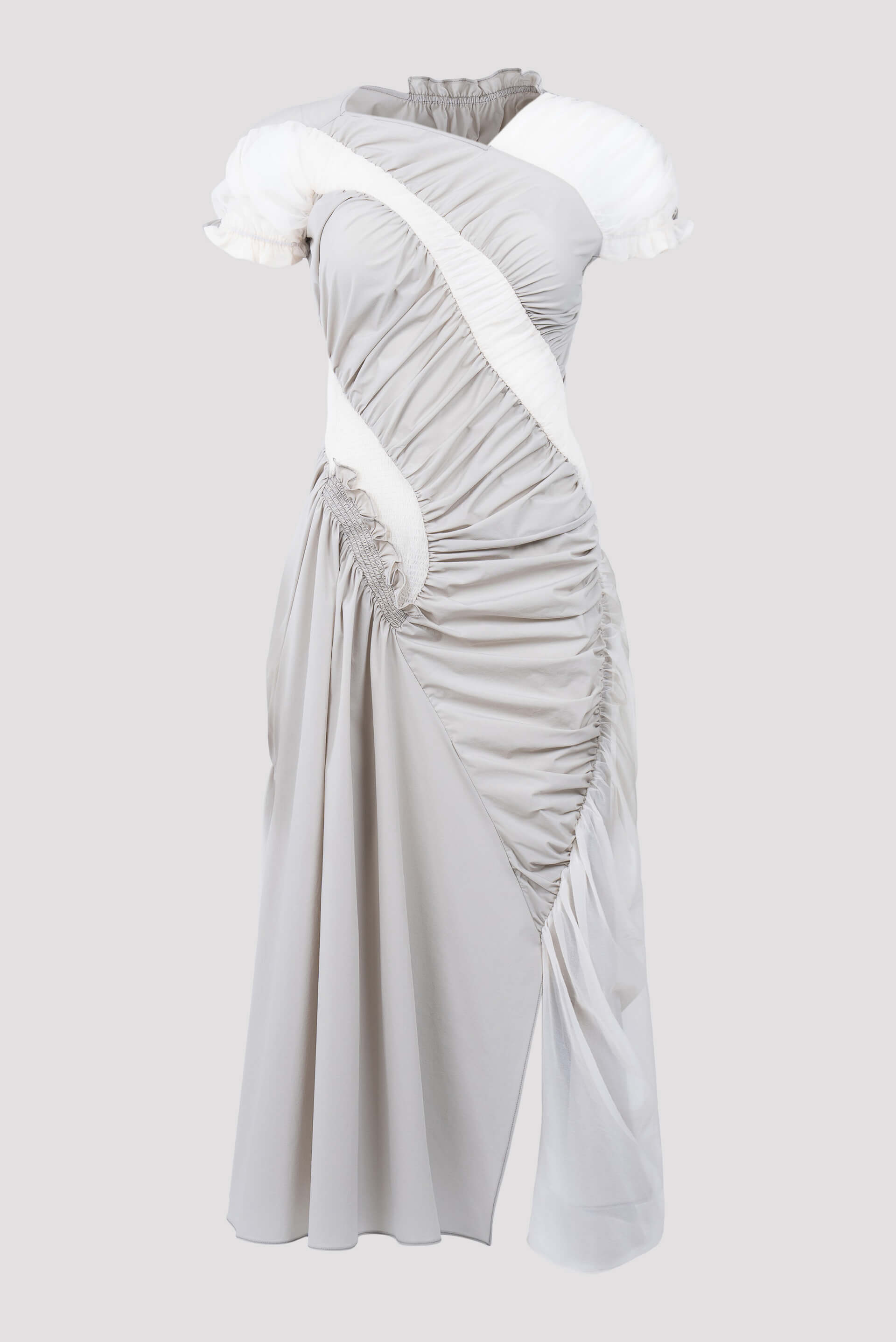 Caroline Hu Grey and Cream Ruched Midi Dress Grey / L Caroline Hu Grey and Cream Ruched Midi Dress Grey / L