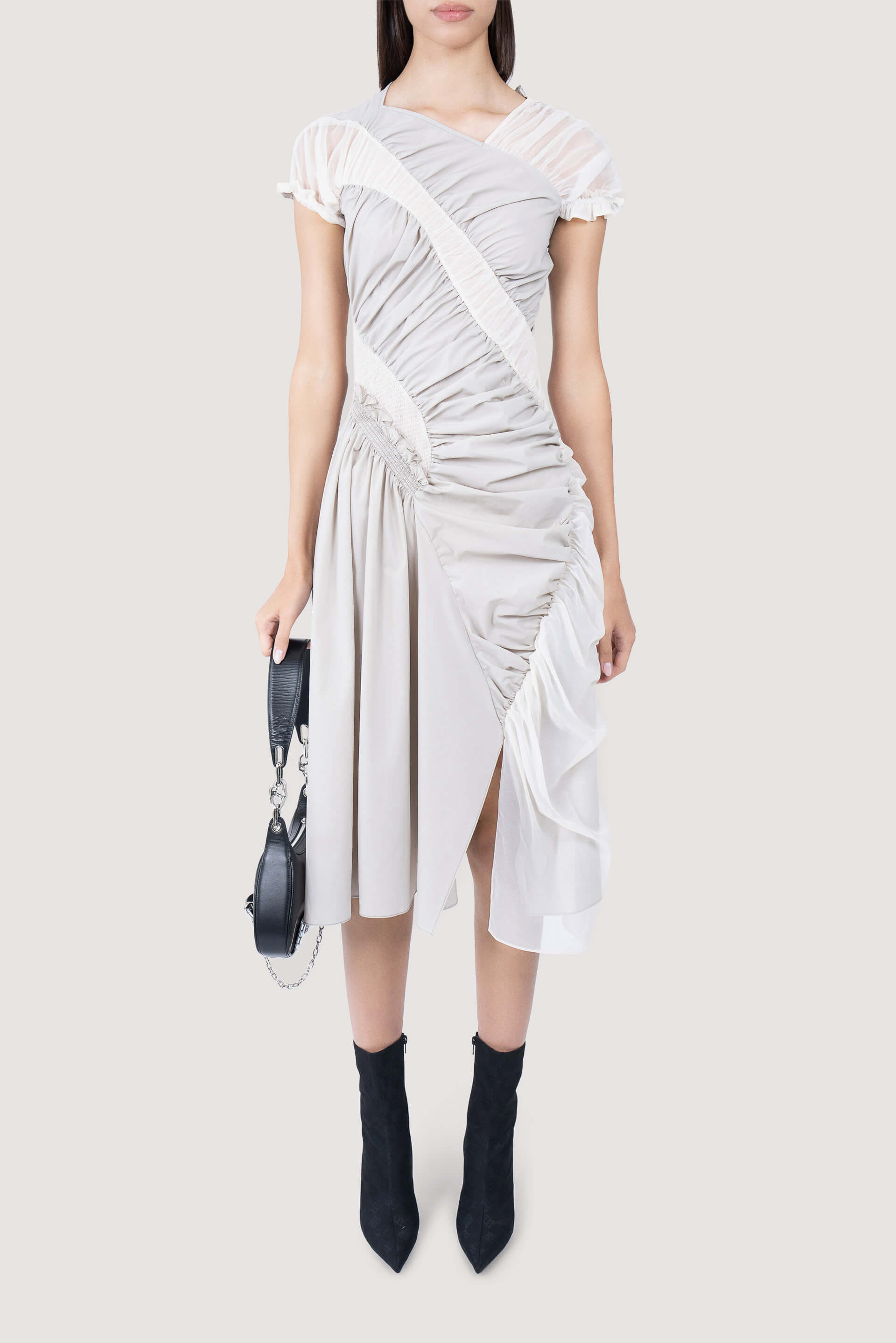 knee length dresses for ladies Caroline Hu Grey and Cream Ruched Midi Dress