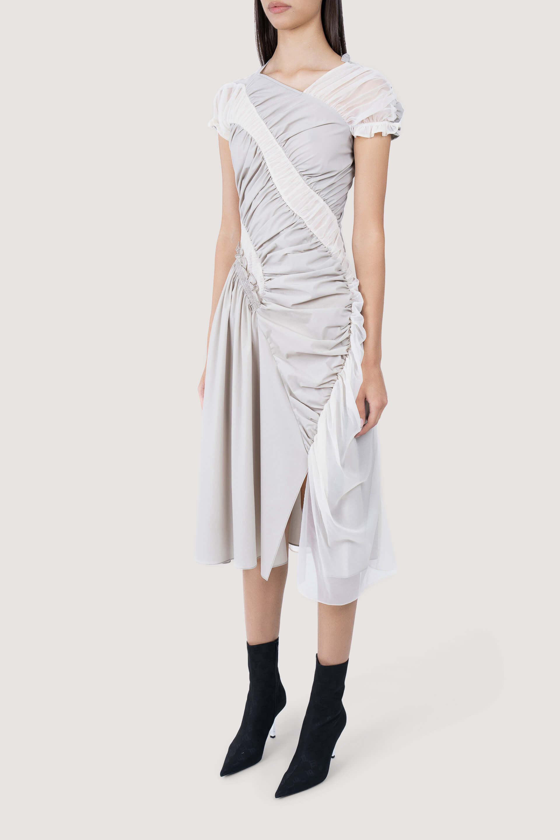Caroline Hu Grey and Cream Ruched Midi Dress Grey / L Caroline Hu Grey and Cream Ruched Midi Dress Grey / L