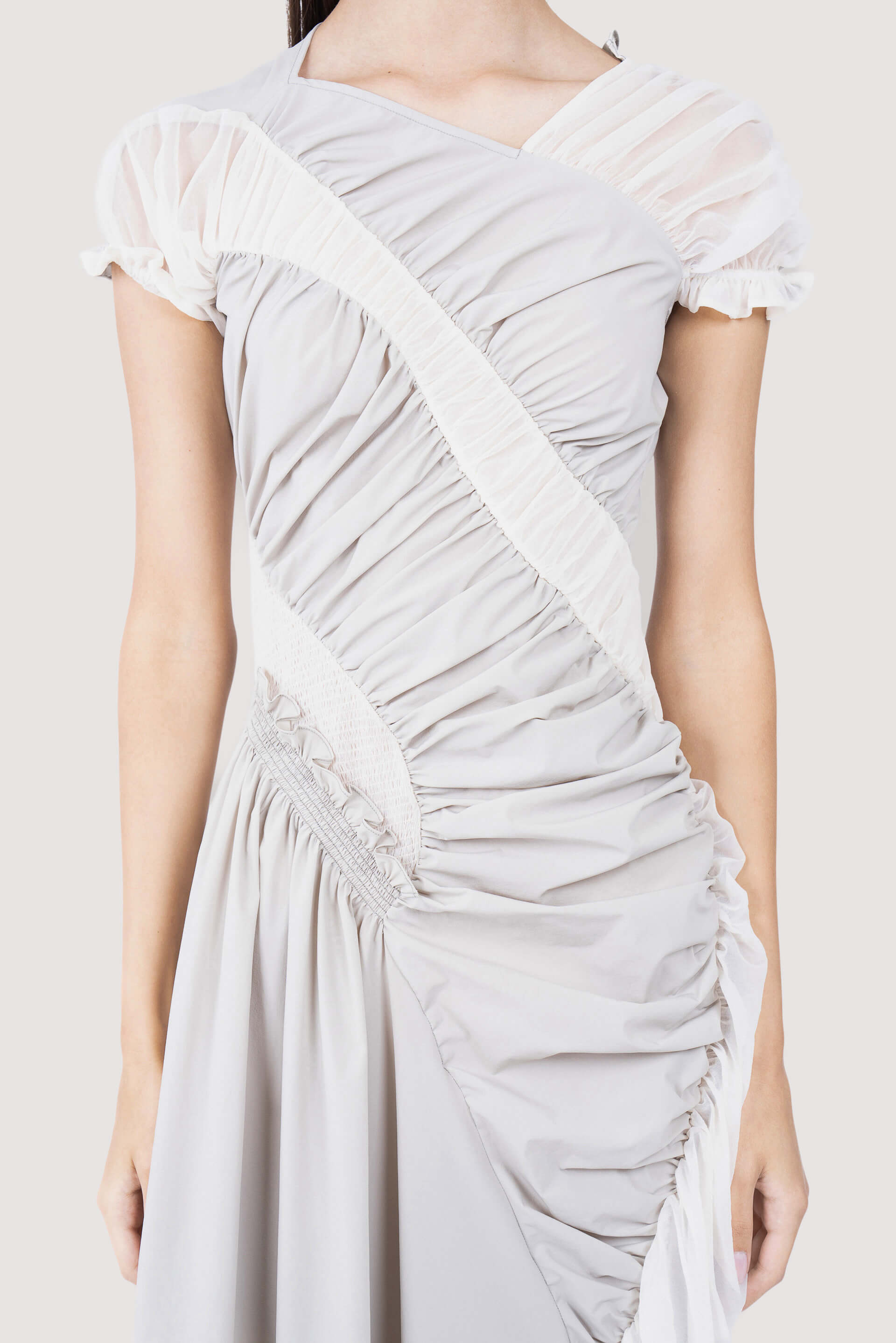grey and cream dress Caroline Hu Grey and Cream Ruched Midi Dress Grey / L