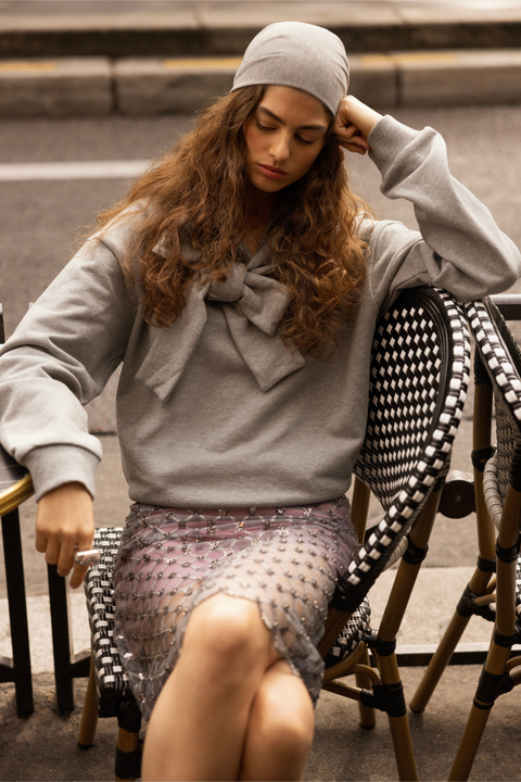Grey Tie Front Bow Hoodie