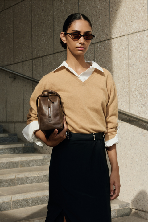 Brown Pure Cashmere V-Neck Knit Top