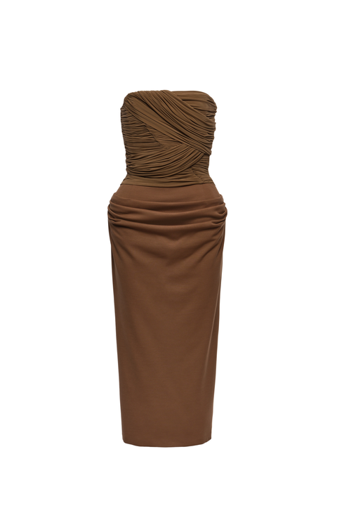 Brown Corset Bustier Midi Dress