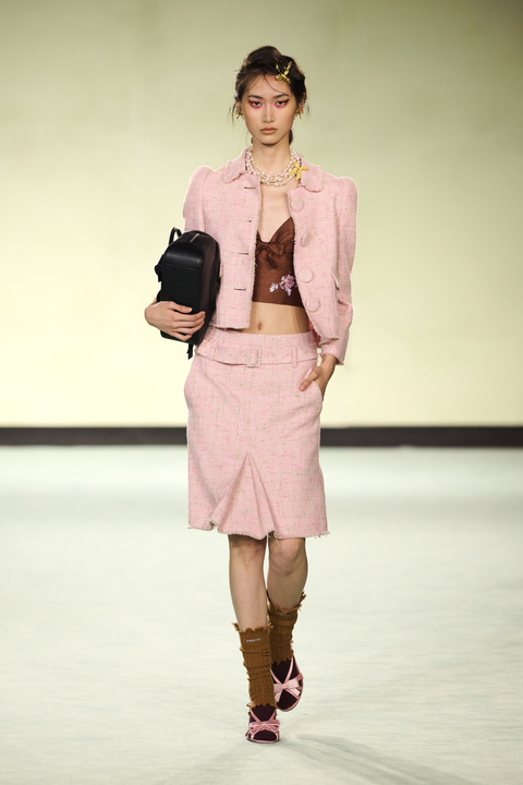 Pink Belted Pleated Straight Skirt