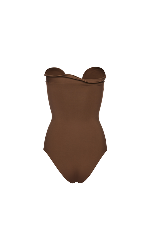 Brown Ruched Flower Swimsuit