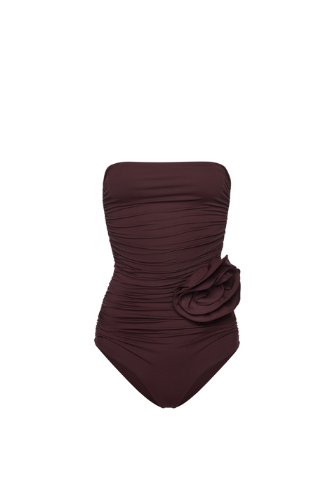 Burgundy Flower Appliqué Draped Swimsuit