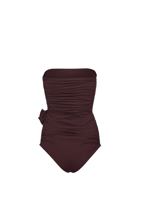 Burgundy Flower Appliqué Draped Swimsuit
