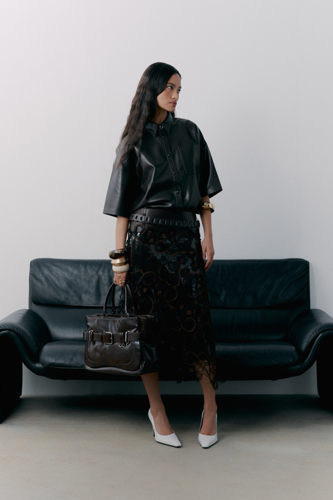 Brown Frances Cropped Leather Button Up