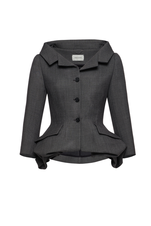 Grey Cinched Waist Wool Blazer