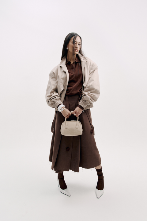 Beige Cropped Bomber Jacket