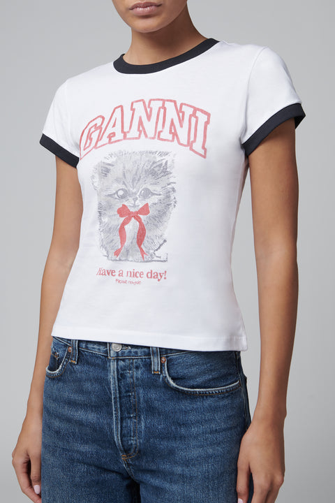 White Kitty Print Cotton T-Shirt