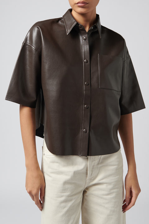 Brown Frances Cropped Leather Button Up