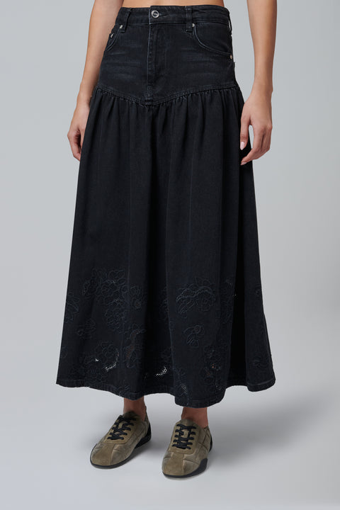 Black Broderie Anglaise Denim Midi Skirt