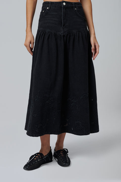 Black Broderie Anglaise Denim Midi Skirt