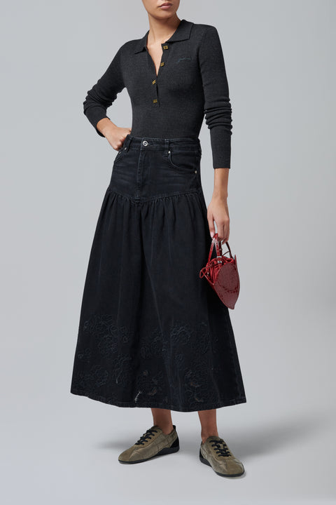 Black Broderie Anglaise Denim Midi Skirt