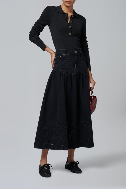 Black Broderie Anglaise Denim Midi Skirt