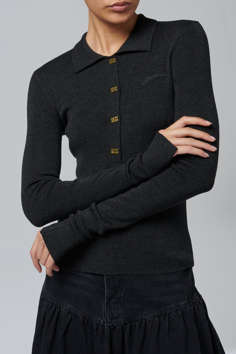 Black Mini Ribbed Merino Polo